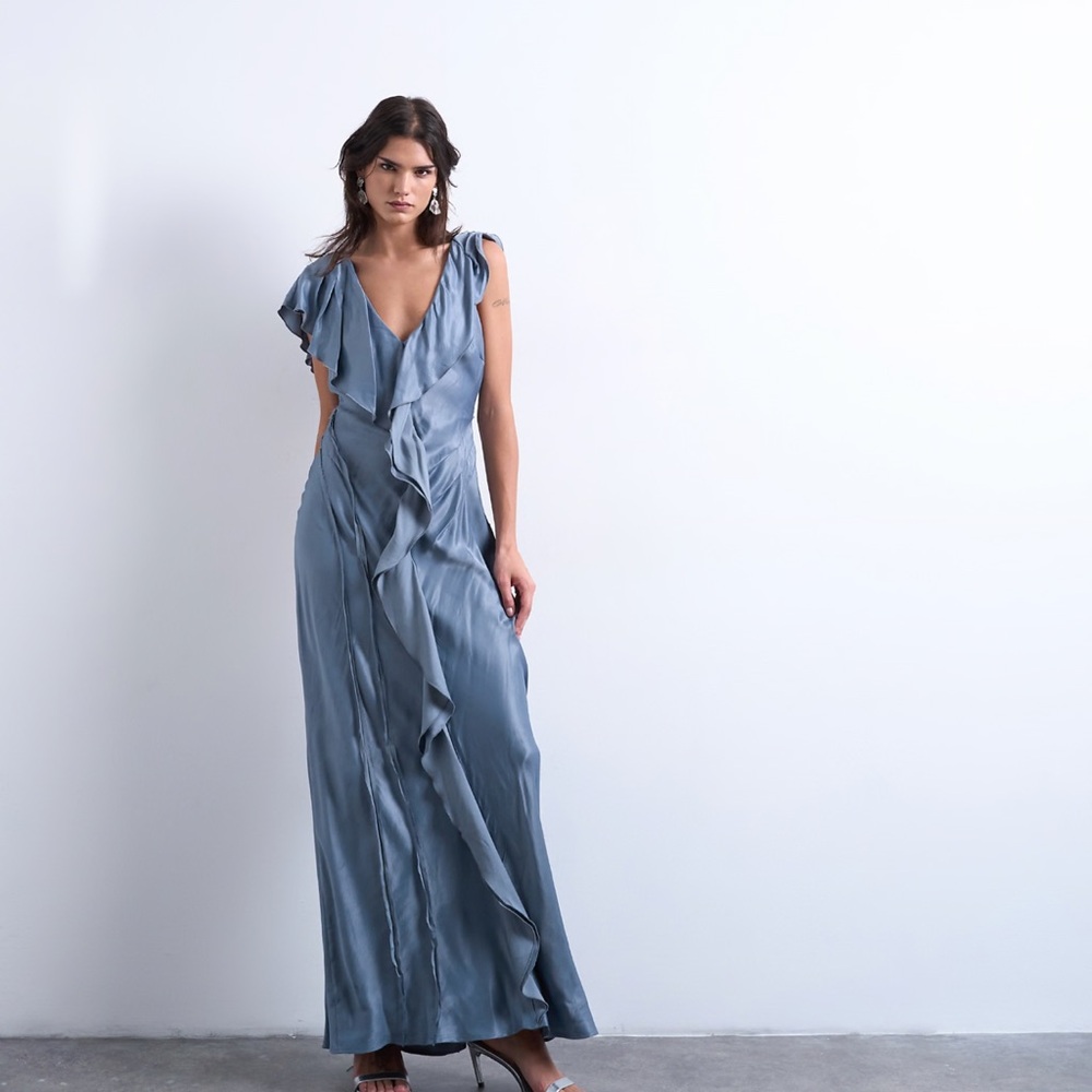 Topshop raw seamed frill maxi dress in air force blue